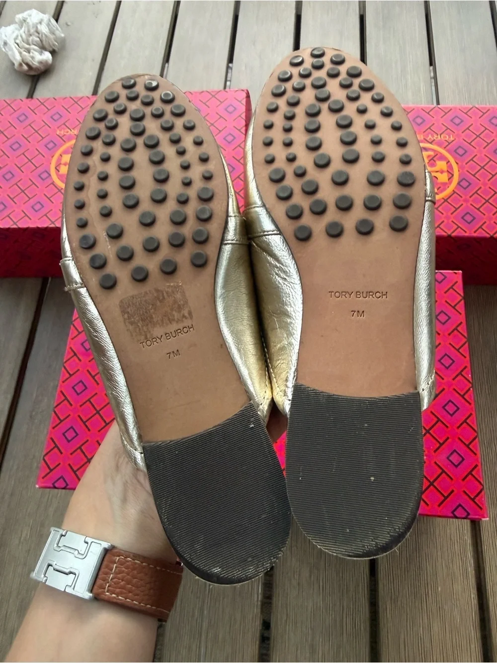 Tory Burch Ines Platform Espadrille Mule Loafers Metallic Gold Leather Size 7